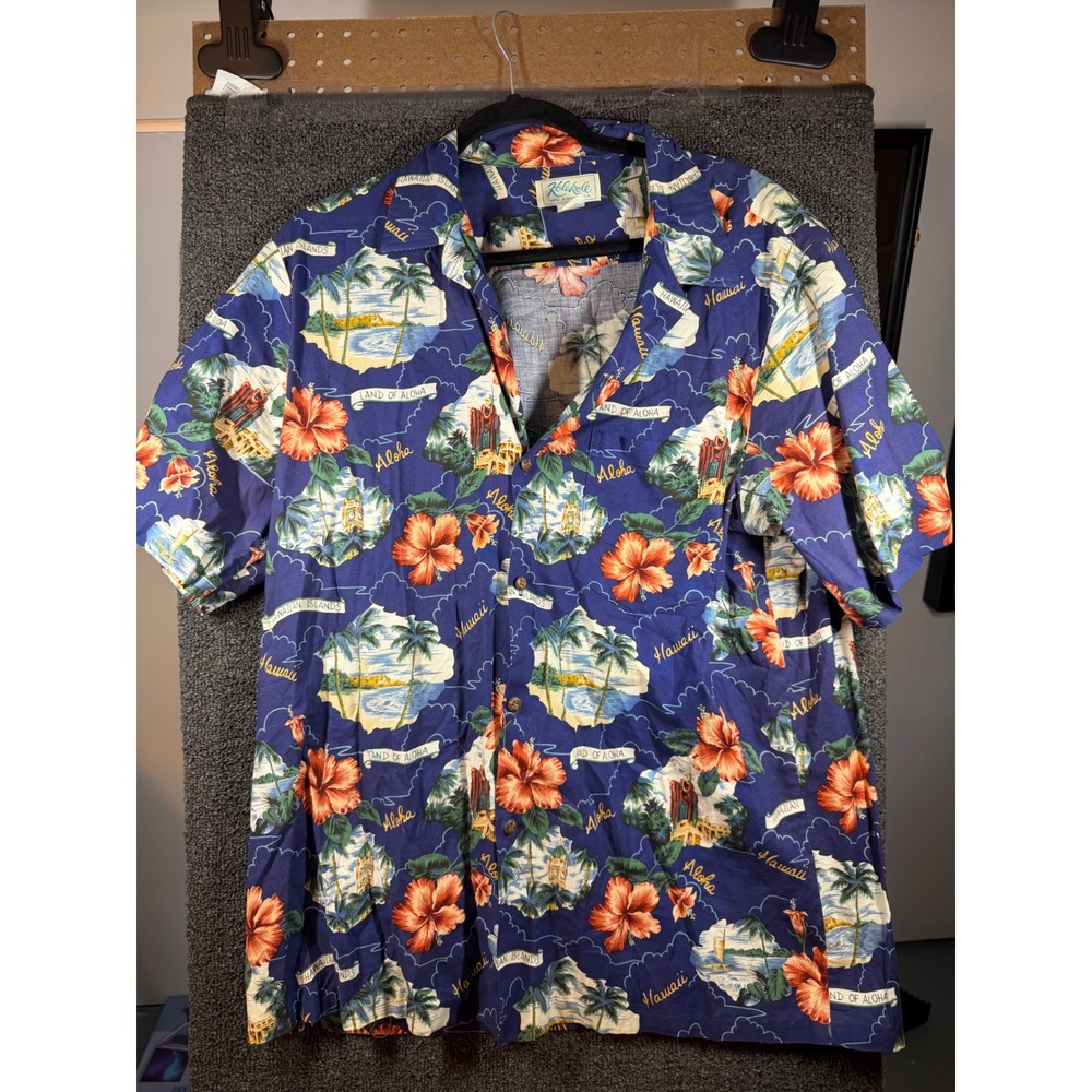 Kolekole Button Down Shirt Mens XL Blue Tropical Land of Aloha Made in Hawaii